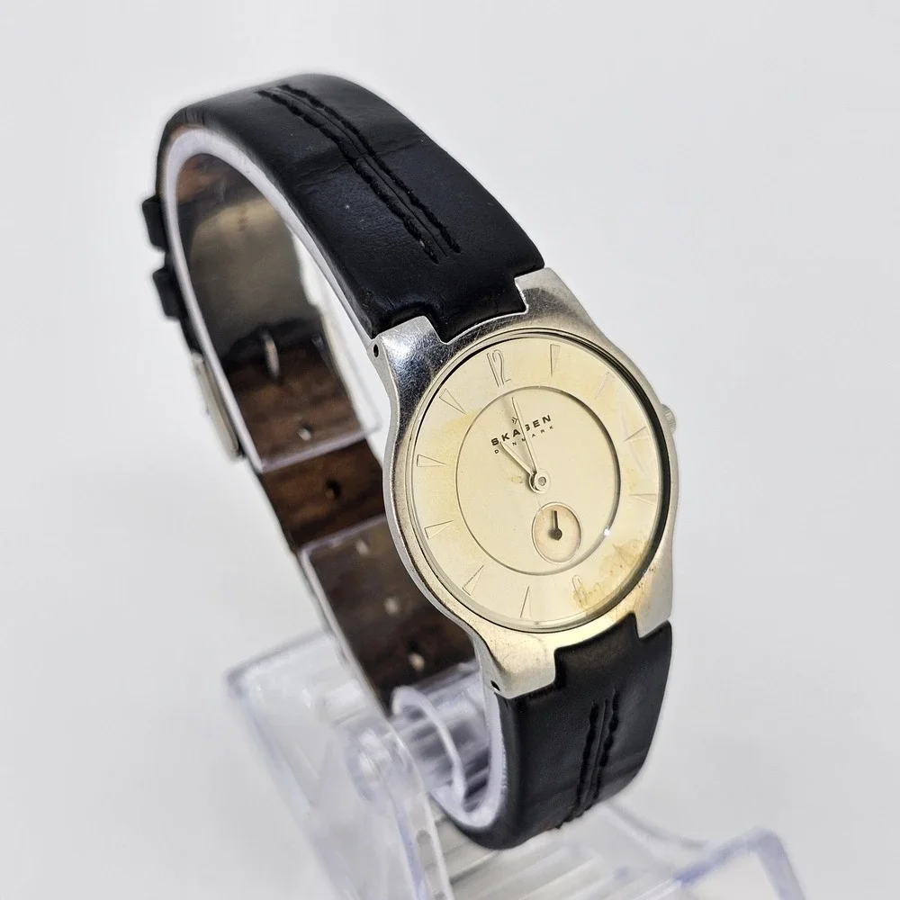 Skagen Women's Watch 28MM Cream Dial Brown Leather Bands NEW Battery READ